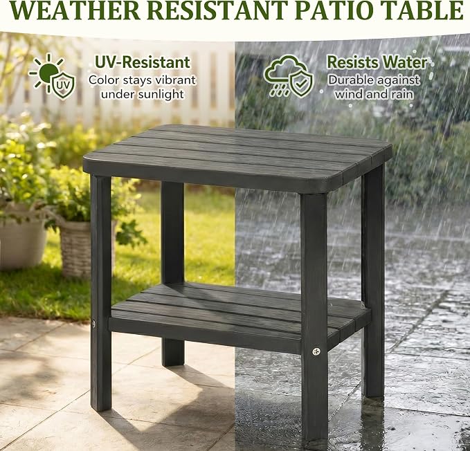 Outdoor Side Table，2PCS Small Table 2-Tier, Weather Resistant Outdoor End Tables, Patio Furniture for Garden, Porch, Pool, Lawn, Backyard or Indoor Bedroom