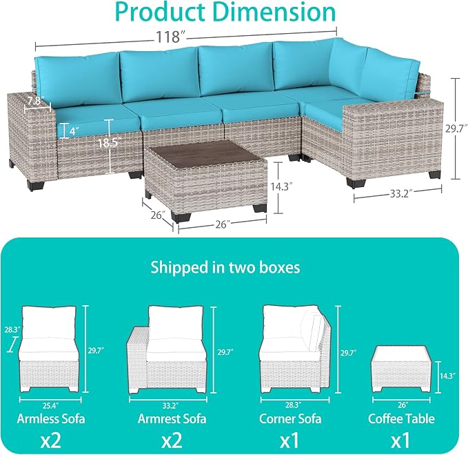6-Piece Outdoor Patio Furniture Set Wicker Rattan Sectional Sofa Set, Patio Conversation Set with Thickened Cushions & Chunky Arms Coffee Table for Backyard, Turquoise