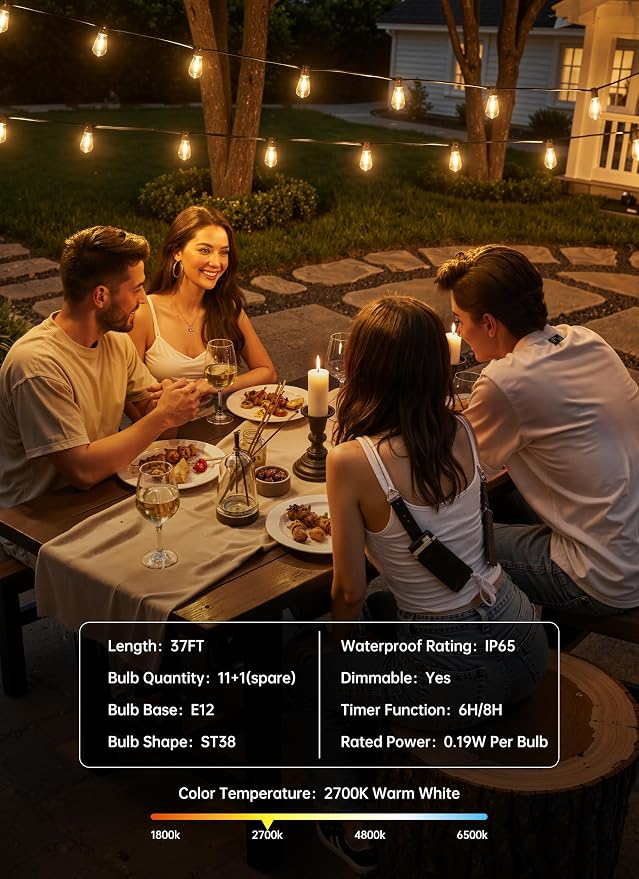 Minetom Outdoor String Lights with Remote 37FT, ST38 Patio Lights | Waterproof LED Christmas Lights with 3 Modes, Shatterproof Connectable Outside Lights for Backyard Porch Deck Garden Decor