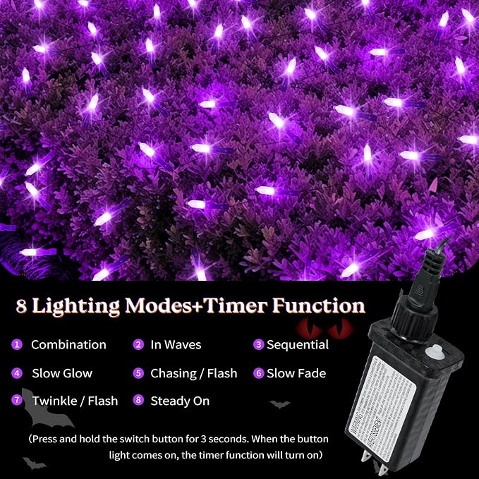 120LED Halloween Net Lights Outdoor, 5ft x 6ft Connectable Mesh Lights, 8 Modes 3.5V Low Voltage Waterproof Bush Lights for Trees, Bushes, Wedding, Party Decor (Purple, 1Pack)
