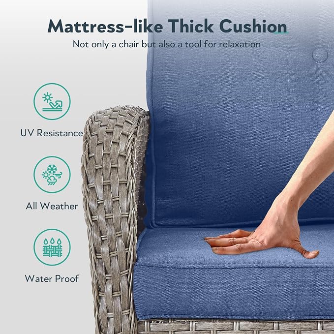 6 Piece Patio Furniture Set - Wicker Patio Conversation Set with Swivel Glider, 3-Seater Sofa, Tempered Glass Side Table and 2 Ottomans for Deck Backyard - Grey Wicker Blue Cushion