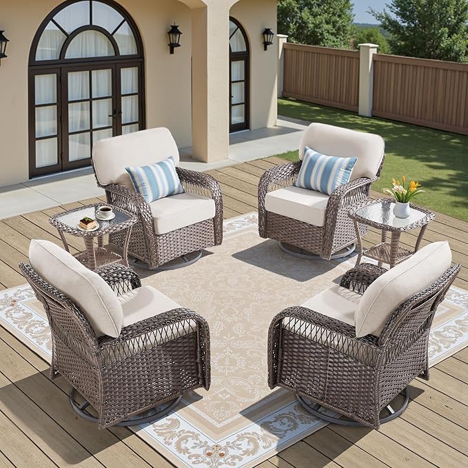 Patio Furniture Sets, 6 PCS Wicker Outdoor Furniture with Patio Sidetables - Patio Swivel Rocking Chairs and Rattan Side Table for Garden, Porch, Backyard, Beige/Brown Wicker