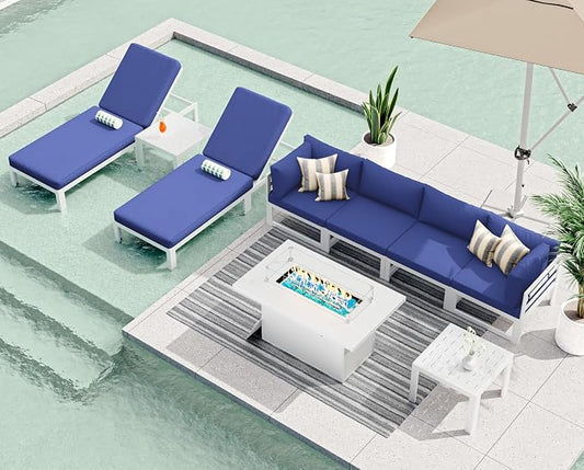 RADIATA 9 Pcs Oversized Contemporary Aluminum Patio Furniture Set, All Weather Modular Sectional Sofa with Tanning Chair & Fireplace, 500 lbs Heavy Duty Comfy Outdoor Couch for Beach Deck, Navy Blue