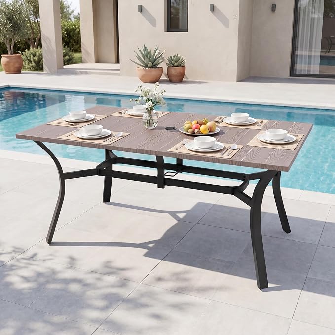 63'' Outdoor Dining Table for 6, Black Metal Patio Dining Table with 1.97'' Umbrella Hole,Anti-Rust Waterproof Square Table for Porch Deck Poolside Garden Backyard
