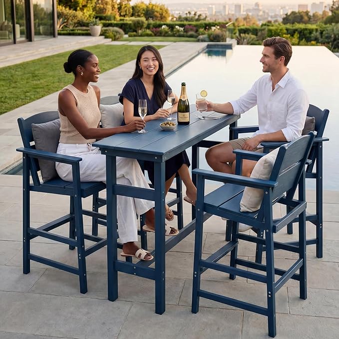 4 Pack HDPE Outdoor Bar Height Chairs, 28.5" All-Weather Patio Stools with Comfortable Armrests, Heavy-Duty Poly Wood High Top Seating for Outdoor Kitchen/Garden/Fire Pit/Backyard, Blue
