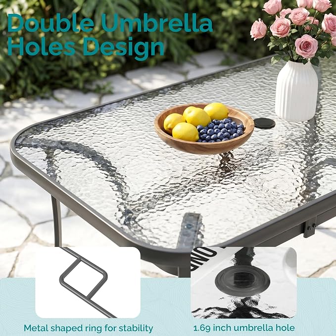 MAMIZO 7 Pieces Patio Dining Set for 6, Outdoor Table and Chairs w/Rectangle Glass Table and 6 Textilene Stackable Chairs, Patio Furniture Set w/1.69" Umbrella Hole (Grey Table & Sky Blue Chair)
