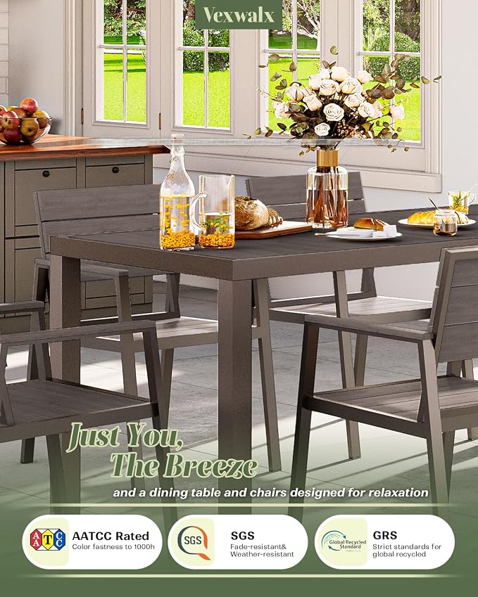 Vexwalx 5-Piece Outdoor Dining Set, Aluminum Dining Table Set for 4, Patio Table and Chairs Set with Umbrella Hole, All Weather HDPS Outdoor Table and Chairs for 4 (Charcoal)