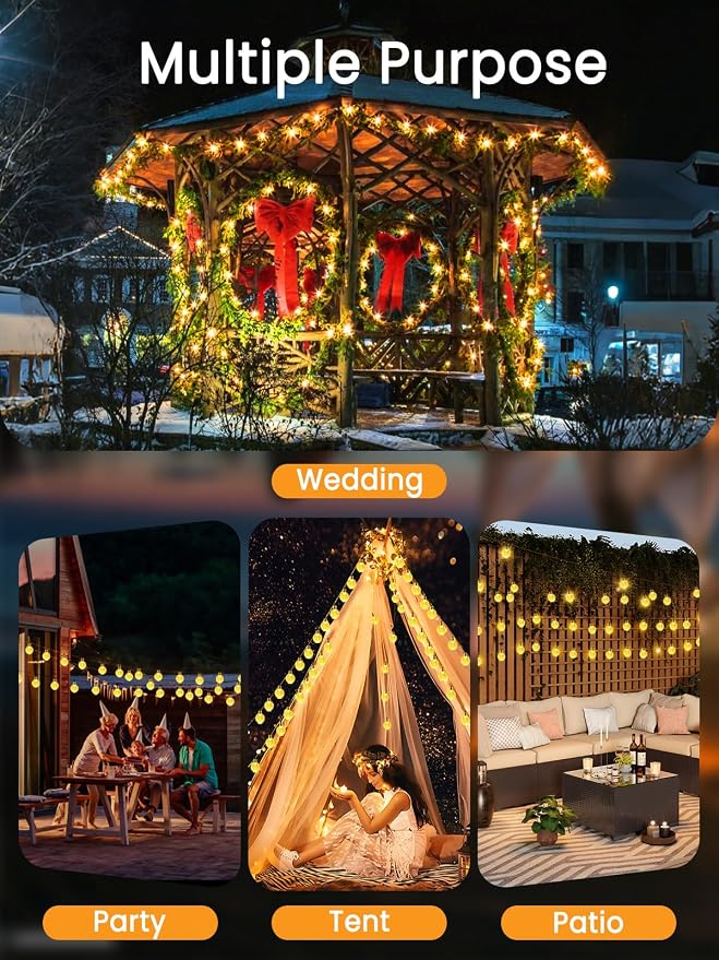 LORRYTE Globe Solar String Lights Outdoor 2 Pack 72FT 120 LED Patio Lights | Warm White Crystal Globe, IP65 Waterproof, Auto On/Off, 8 Modes Solar Powered Light for Garden Yard Wedding Porch Party