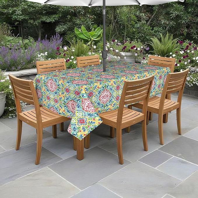 DYTXIII Outdoor Rectangle Tablecloth with Umbrella Hole and Zipper 84" x 60", Water Repellent Floral Picnic Cover, Fade & Wrinkle Resistant Tablecloth for Patio/Garden/Party Table, Damask Red