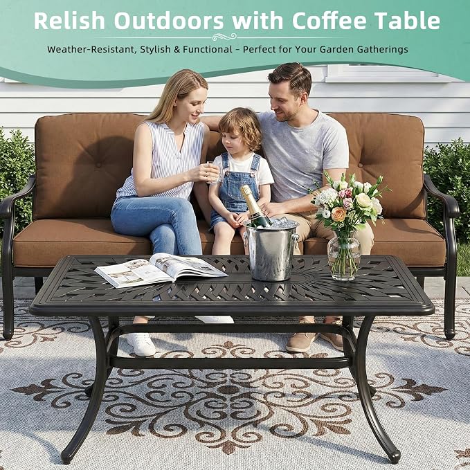VIVIJASON Cast Aluminum Outdoor Coffee Table, 42 x 21 Inch Rectangular Patio Conversation Table with Lattice Top, Rust-Resistant All-Weather Center Table for Deck, Backyard, Porch, Antique Bronze