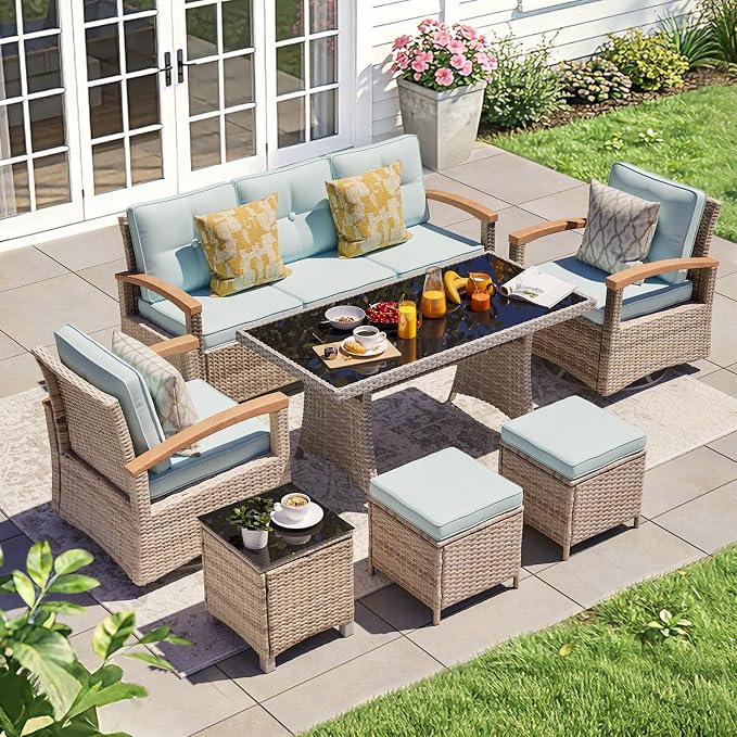 MEISSALIVVE 7 Pieces Patio Furniture Sets, PE Wicker Outdoor Conversation Sets with 2 Wood Armrests Swivel Rocker Chairs, 2 Ottomans, 3-seat Sofa and Dining Table (Blue)