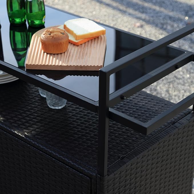 Outdoor Kitchen Island Wicker Rattan Bar Table, Glass Top Patio Serving Cart Rolling Bar Cart with 2-Tier Shelf & Cabinet for Patio Poolside Party (Black)