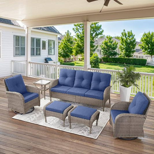 Belord 6 Pieces Wicker Patio Furniture Set - Swivel Rocker Outdoor Chairs with Outdoor Couch and Side Table, All-Weather Patio Conversation Set for Deck Sunroom Backyard