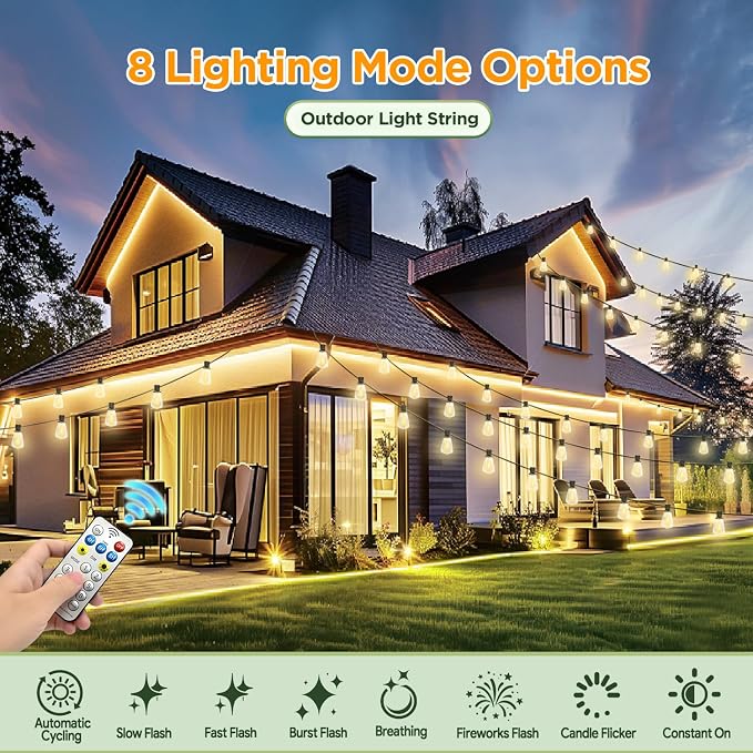 Solar String Lights Outdoor Waterproof with Remote & Timer, LED Shatterproof ST38 Bulbs, USB & Solar Powered Patio Lights for Backyard, Porch, Garden, Wedding, Christmas Decor (25FT)