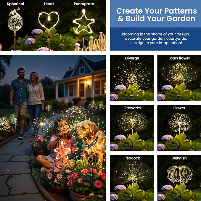 4Pack Solar Lights Outdoor, 120LED Firework Lights | Fireworks Lights Solar Powered, Waterproof Fairy Garden Lights Decor Outside for Yard Pathway Lawn Patio(Warm White)