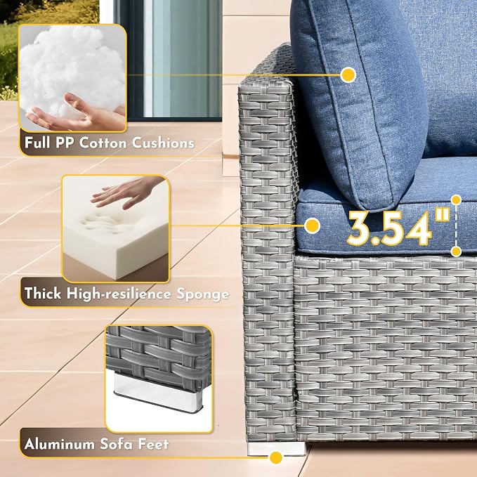 Weaxty 2 Pieces Patio Furniture Sets Middle Seats, Wicker Outdoor Sectional Sofa with Thicken Cushion, Patio Conversation Couch Set for Porch, Balcony,Yard, Poolside, Denim Blue
