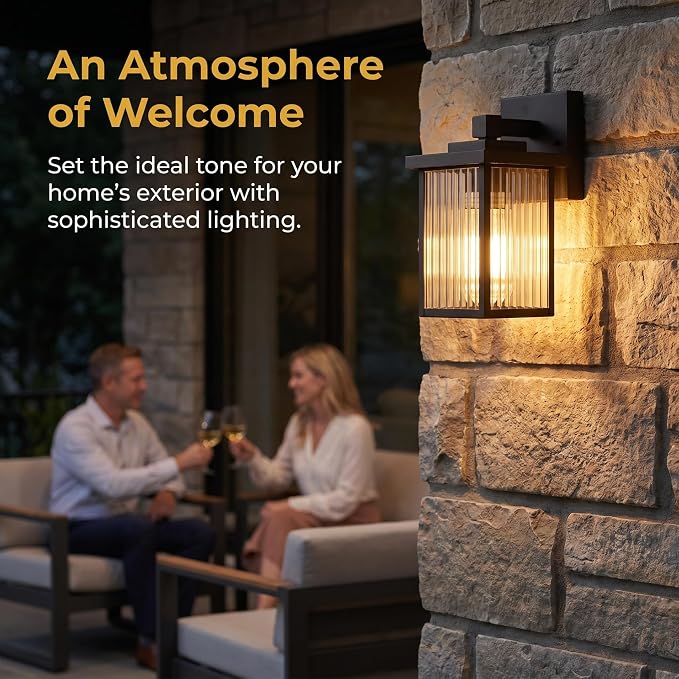 2 Pack Matte Black Porch Light, Rust-Resistant Outdoor Wall Light | Corrosion-Resistant Metal, Textured Glass Cuts Glare, Easy DIY Install on Porch, Garage