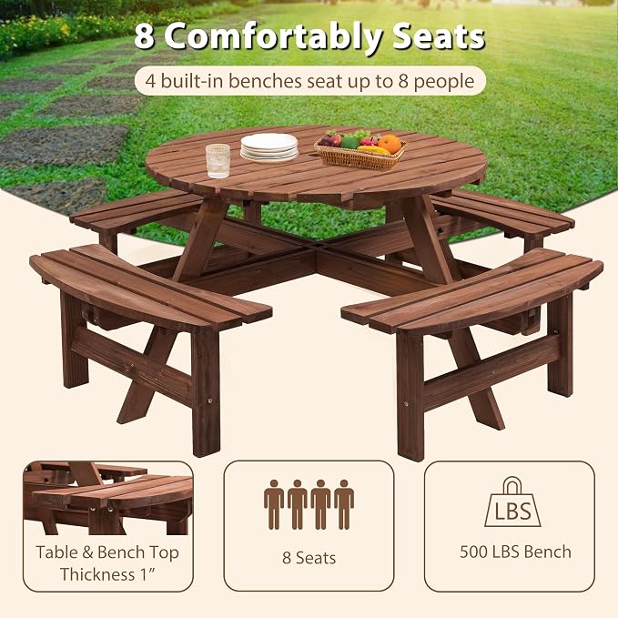 Thanaddo 8-Person Outdoor Circular Wooden Picnic Table, Camping Dining Table w/ 4 Built-in Benches, Outside Table Set with Umbrella Hole, 2220lb Capacity for Garden Patio Backyard - Brown