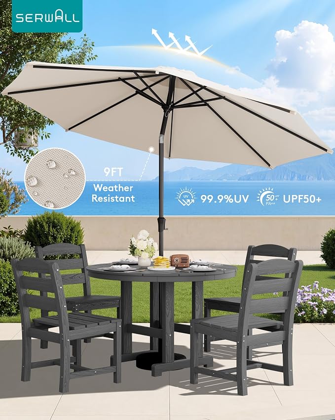 SERWALL 6-Piece Patio Dining Sets, HDPE Outdoor Table and Chairs Furniture Set with Umbrella, 45" Round Dining Table & 4 Armless Dining Chairs & 1 9FT Umbrella, Gray(Not Include Umbrella Base)