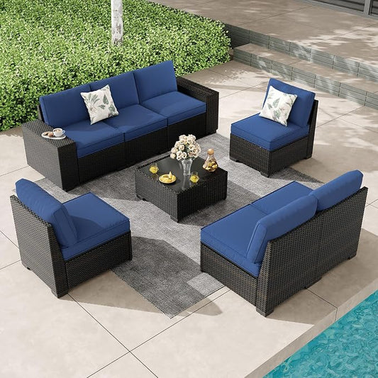Patio Furniture Set, 8 Pieces Outdoor Couch Sofa with Wider Armrests & Glass Coffee Table, Outdoor Sectional Furniture with Thick Cushions for Party, Poolside,Garden-Navy