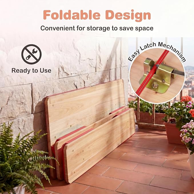 HONEY JOY Kids Picnic Table, 43.5 Inch Folding Toddler Outdoor Table & 2 Benches, Fir Wood Top & Metal Frame, No Assembly, Portable Easy to Store Camping Table and Chairs for Patio Backyard (Red)