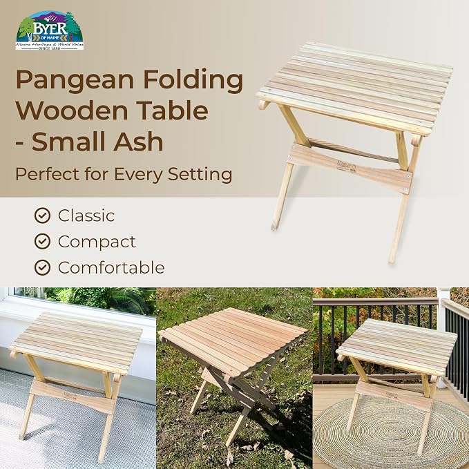 BYER OF MAINE Pangean Folding Wooden Side Table – 18" H x 16" W x 16" D – Folds Flat Ash Wood Table for Camping, Patio, Porch, Balcony, and Garden Use