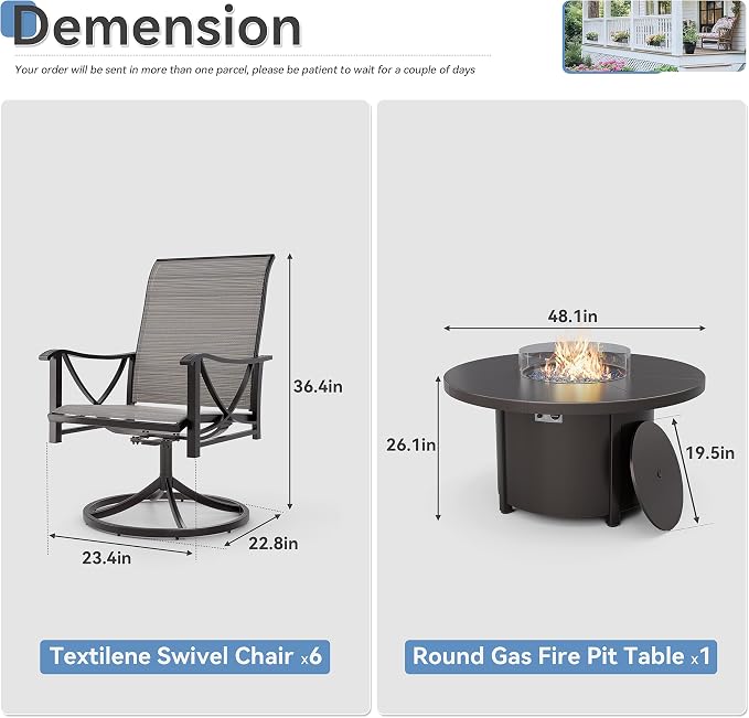 Kurapika 7 Piece Outdoor Conversation Sets, Patio Furniture Set, 6 Textilene Fabric Swivel Chairs and w/48in Propane Round Fire Pit Table for Deck Garden Backyard Porch,Brown