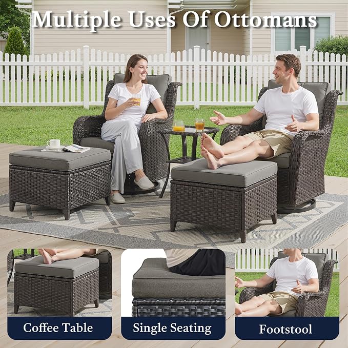 Outdoor Patio Furniture Set-5 Piece Outdoor Swivel Rocker Chairs with Ottomans Patio Furniture Set for Deck Balcony Poolside Backyard-Brown/Grey