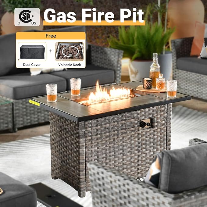 CAODOC 16 Pieces Patio Furniture Conversation Set with 42" Fire Pit Table Rocking Chair Outdoor Sectional Gray Wicker Sofa Set