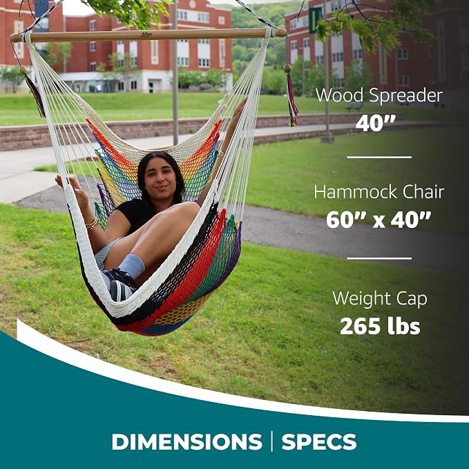 Bliss Hammocks BHC-412 Island Rope Hammock Chair, Eco Friendly & Hand-Woven Recycled Cotton, Varnish Coated 40 Inch Wood Spreader Bar, Easy to Hang w/Included Hanging Kit, Supports up to 265 pounds