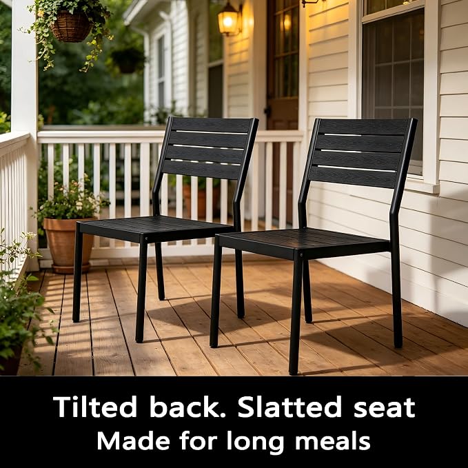 11-Piece Outdoor Dining Set for 10 Person with Black Wood-Grain Top | Armless Stackable Chairs with 19.4" Seat Depth, Aluminum Frame Dining Furniture with Umbrella Hole for Deck, Porch & Backyard