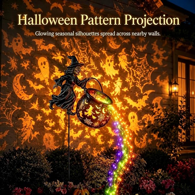 Halloween Witch Cauldron Garden Light, Colorful Waterfall-Style Light Flow Flying Witch Garden Stake, Halloween LED Projector Lights Decorations Outdoor for Yard Lawn Patio