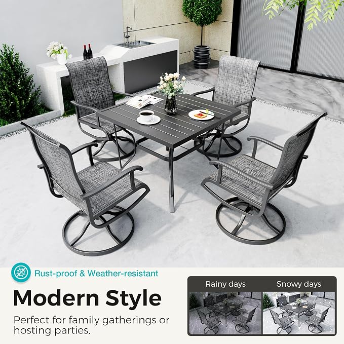 Pamapic 5-Piece Outdoor Dining Set, Patio Dining Set for 4, Outdoor Table and Chairs, All-Weather Outdoor Patio Set with Textilene Swivel Chairs for Garden, Poolside, Deck，Gray
