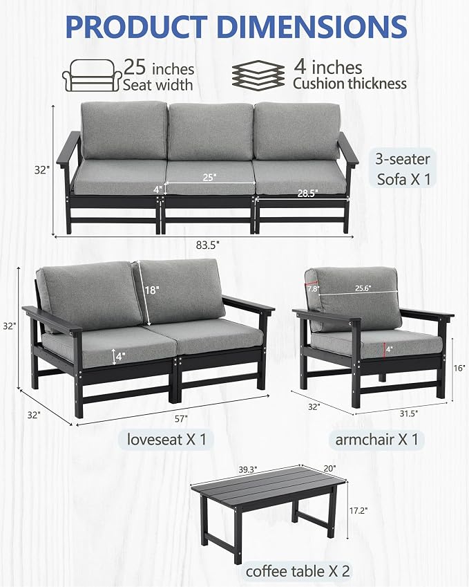 HDPE Outdoor Patio Furniture Set, 8-Piece Sofa Set with 3-Seat Couch,loveseat, Armchair & 2 Coffee Tables, Weatherproof Conversation Set with Cushions,for Garden, Porch & Backyard