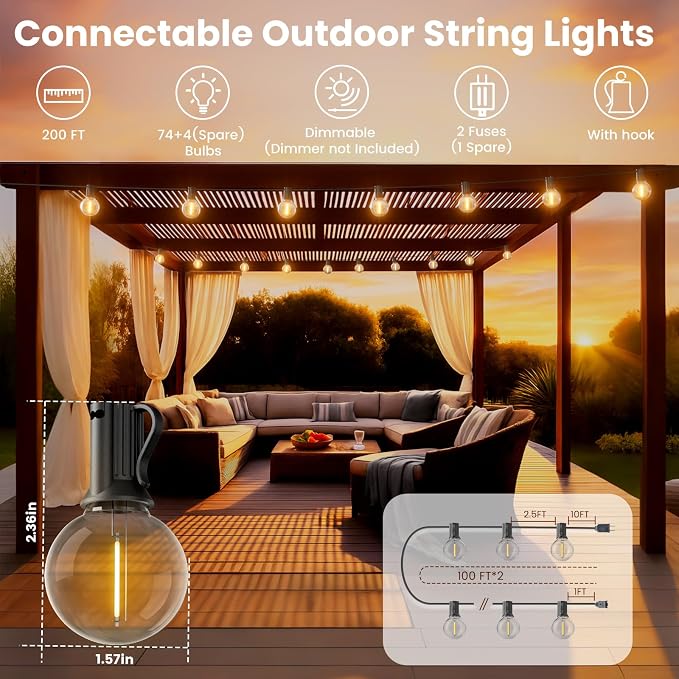 RTTY Outdoor String Lights 200 FT, Waterproof Outside Patio Light LED | Commercial Grade G40 Hanging Lights, Dimmable Shatterproof 74 Bulbs for Backyard, Cafe, Bistro, Yard, Deck, Market, Wedding