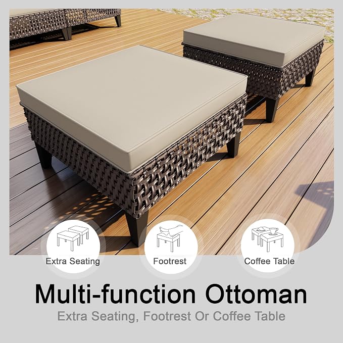 14 Pieces Patio Furniture Set, Wicker Rattan Outdoor Conversation Sets with Footstool, Modular Sectional Seating Set 2 Three Seater Sofa & 4 Single Armchairs & 4 Ottomans for Home (Beige Cushions)