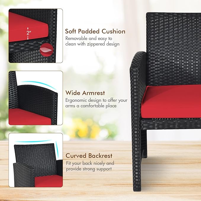 DORTALA 4 Pieces Patio Wicker Conversation Furniture Set, Outdoor Rattan Sofas with Bistro Sets with Coffee Table for Courtyard Balcony Wicker Chairs with Soft Cushion and Table, Red