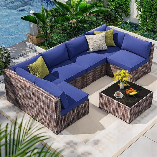 7 Piece Outdoor Patio Furniture Set with Modular Rattan Wicker Sectional Sofa Couch, Water Washable Thick Cushions, Modern Outdoor Conversation Set with Coffee Table for Garden(Purple)