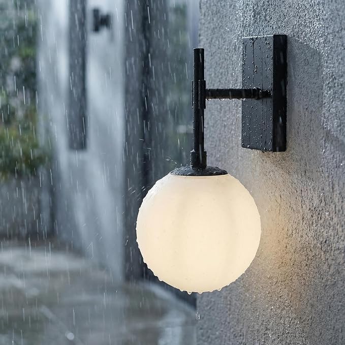 Hyunbae Modern Globe Outdoor Wall Sconce, 18.1" Large Black Porch Lights | E26 Front Porch Light, White Globe Glass Shade, IP65 Waterproof Exterior Lighting Fixtures, Garage Patio Entryway Use