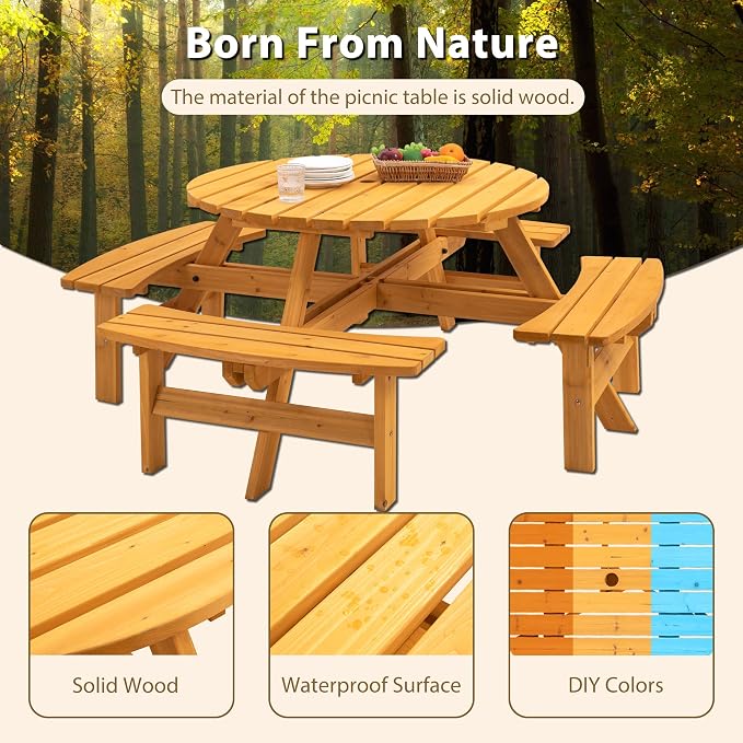 8 Person Outdoor Round Picnic Table with 4 Built-in Benches, Umbrella Hole, Outside Wood Picnic Table and Bench Set for Patio, Backyard, Garden, Porch, 2220lb Capacity - Natural