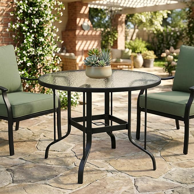 Outsunny 38" Round Patio Table with Umbrella Hole, Outdoor Dining Table Tempered Glass Metal Frame Bistro Table, for Deck, Yard, Balcony, Lawn, Pool, Black