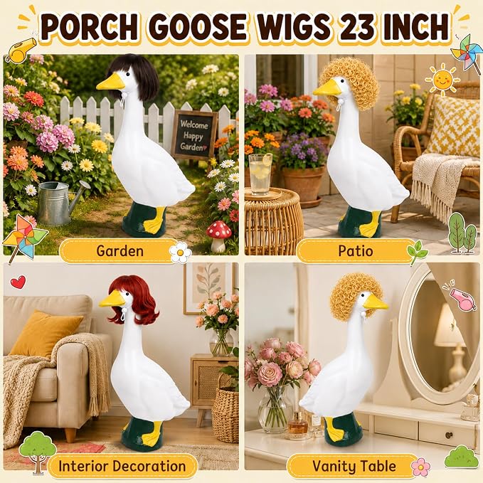 4Pcs Porch Goose Wigs Set porch goose outfits Accessories for Outdoor Statue Accessories Garden Patio Yard Goosey Decoration (3PCS Wigs-A)