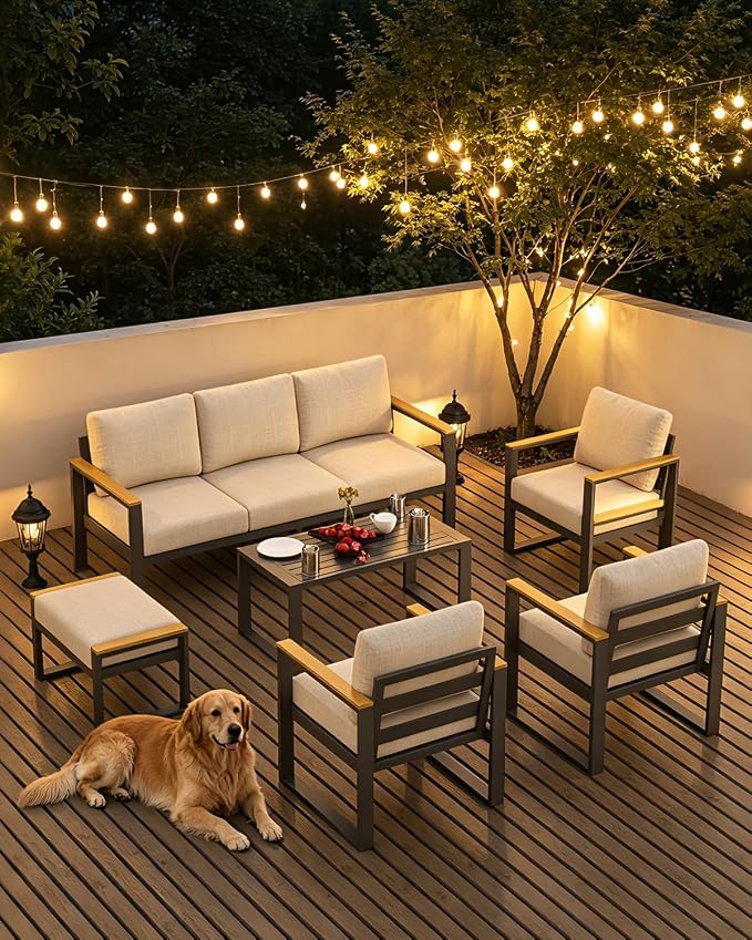 IDEALHOUSE Aluminum Outdoor Patio Furniture - 1 Pcs 3-Seat Sofa and Coffee Table, All-Weather Metal Modern Outside Furniture with Washable Thick Cushion for Balcony, Garden, Deck, Backyard, Beige