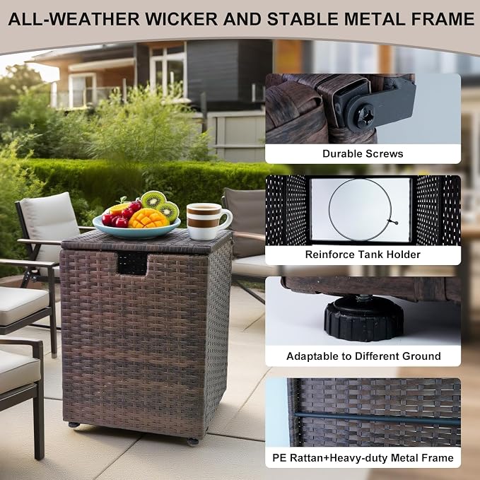 20 LB Wicker Propane Tank Cover Table, Weatherproof Outdoor Propane Tank Hide with Adjustable Feet,Perfect for Backyard, Balcony and Poolside（Brown）