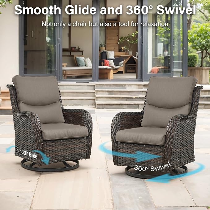 Outdoor Swivel Rocker Patio Chairs Set of 4 with Fire Table - 5" Thick Cushion 6 Piece Furniture Set with Fire Pit Table All Weather Wicker Conversation Set for Porch Deck - Brown/Gray