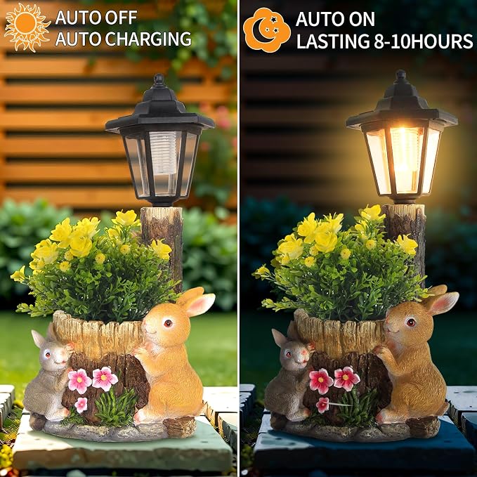 Solar Bunny Statue Outdoor, Rabbits Figurine with Flowerpot & Lantern | Garden Sculptures for Yard Art Lawn Ornaments Porch Patio Balcony - Gardening Gifts for Women Mom