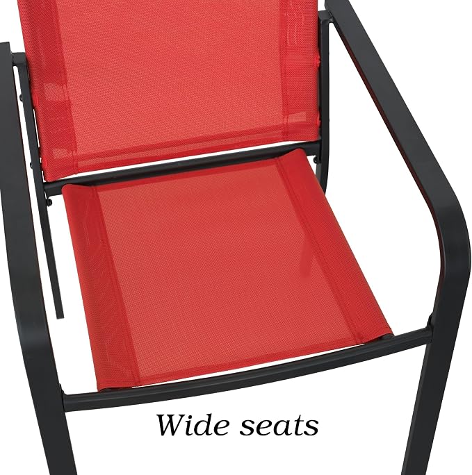 Anmutig 5 Piece Patio Dining Set 41 Inch Round Table Stackable Chairs Red | Powder-Coated Steel Frame, Quick-Dry Textilene Mesh, Dual-Size Umbrella Hole, Weather Resistant, Patio, Garden, Backyard