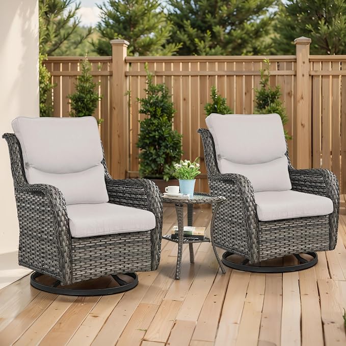 Outdoor Swivel Rocker Patio Chairs with 5" Thick Cushion - 3 Piece Wicker Bistro Set with Side Table, High Back Comfty Outdoor Glider Chairs for Balcony, Porch, Deck, Poolside - Gray/Beige