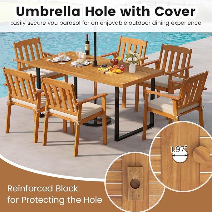 RELAX4LIFE Outdoor Dining Table for 6, 63’’ Rectangular Wooden Patio Table w/Umbrella Hole, Acacia Wood Tabletop & U-Shaped Metal Legs, Farmhouse Indoor Outdoor Use for Kitchen Garden Porch Backyard