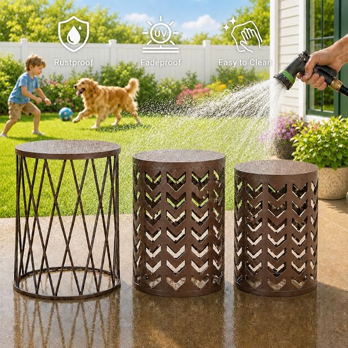 Y&M Outdoor Side Tables Set of 3, Nesting Patio Side End Tables for Outside, Round Heavy Duty Metal Stacking Accent Tables for Patio Balcony Garden Indoor, Brown